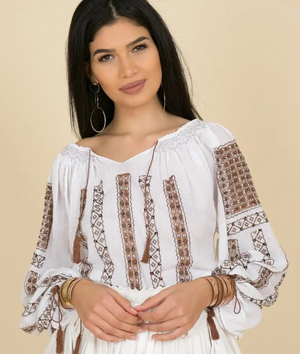 LEA BROWN - Handmade Romanian Blouse with Sequined Flower Embroidery Traditional Muntenia Style